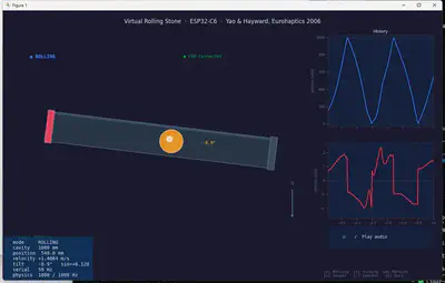 Screenshot of the companion app in rolling mode: a dark UI with a grey tube tilted down to the left with an orange ball on it and a red wall flash, position and velocity history traces on the right, and a telemetry panel showing mode ROLLING, position, velocity, and a 1000 Hz physics rate