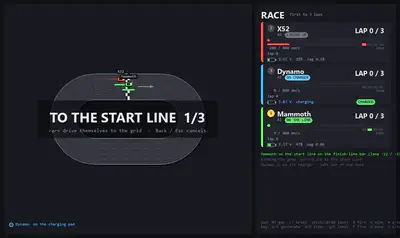 The grid formation screen: a large &ldquo;TO THE START LINE 1/3&rdquo; banner over the track, with Mammoth on the line, X52 lining up behind it and Dynamo left out because it is on its charger