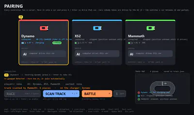 The pairing screen: three cards for Dynamo, X52 and Mammoth with battery state and an AI driver slot each, a keyboard cursor badge above Dynamo, and buttons for RACE, SCAN TRACK, BATTLE and a lap count