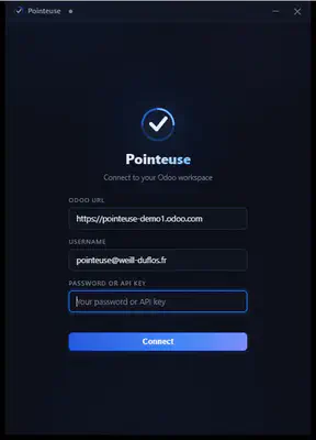The connect screen, a simple form for Odoo server URL, database, and login or API key