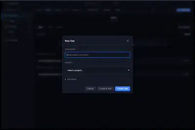 The new-task modal: project picker, name, deadline, priority, and a Create and start option