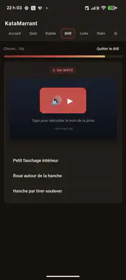 La variante audio du drill sur Android. Une barre de chrono, le numéro et le groupe de la technique, un bouton lecture, et trois descriptions françaises à choisir