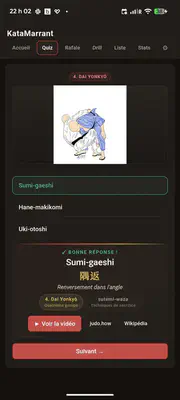 Une question de quiz sur Android : un dessin au trait de deux judokas en pleine projection, trois propositions de noms, la bonne réponse révélée en bas avec le kanji et la traduction française